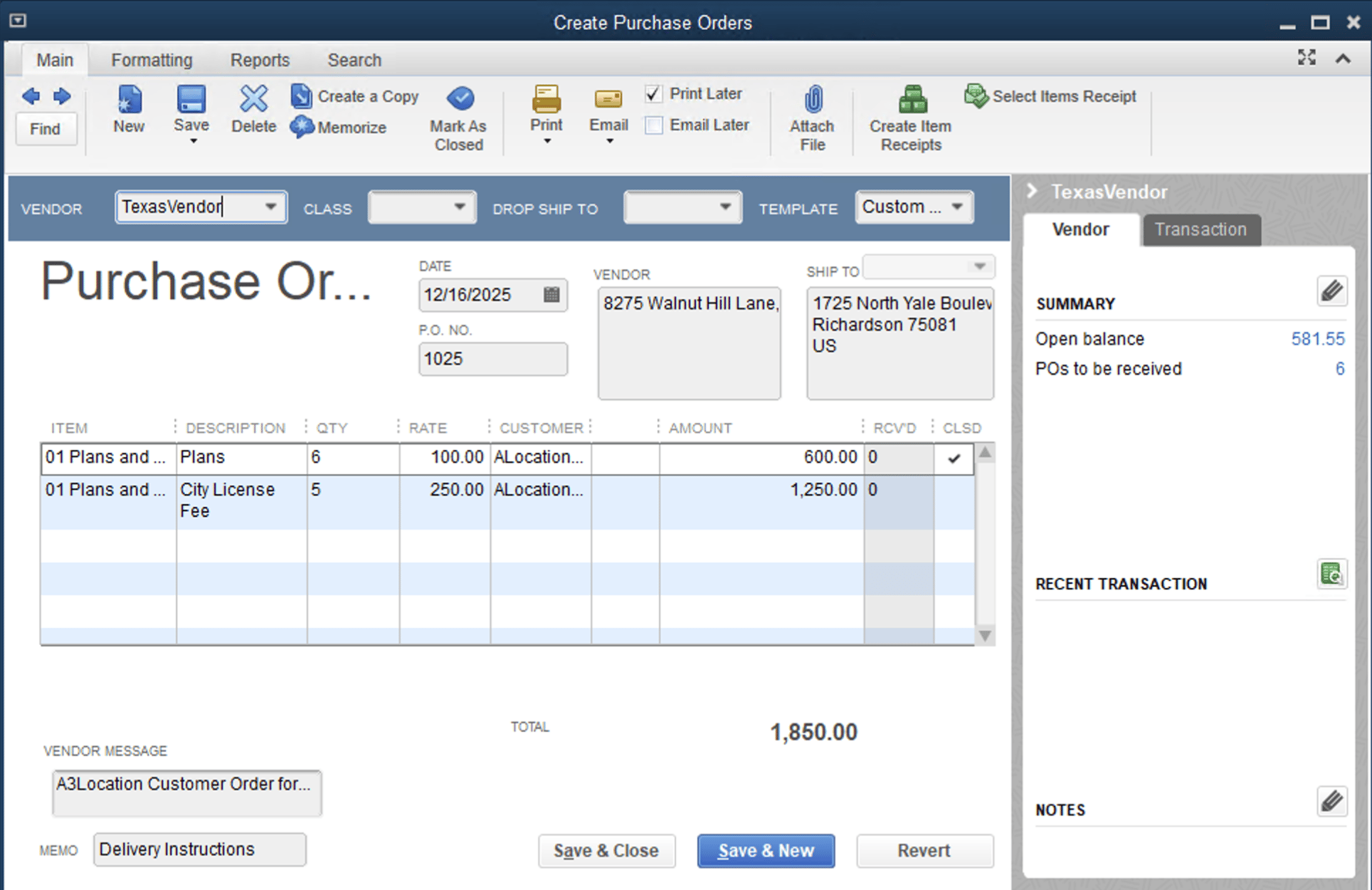 Purchase order record in FieldPulse before syncing to QuickBooks Desktop