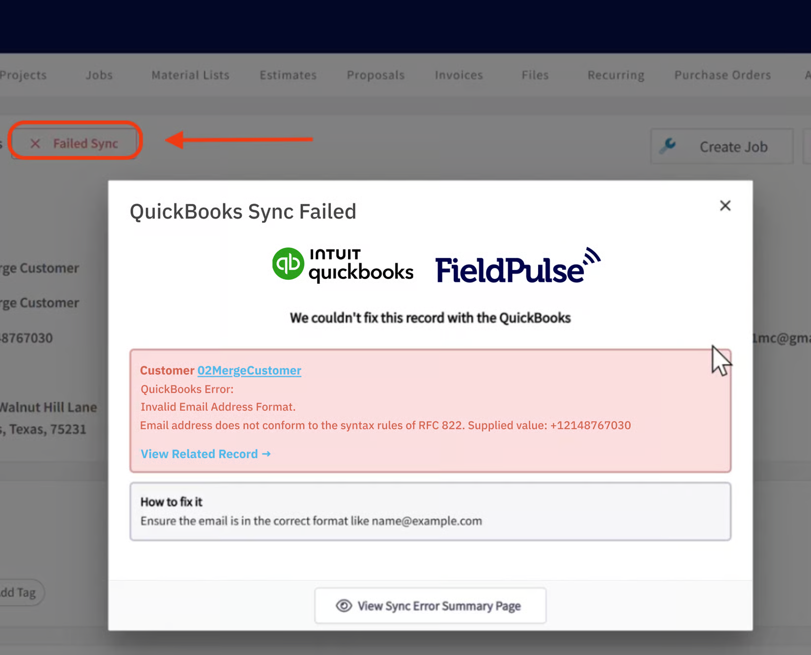 Failed Sync button opening the QuickBooks Sync Failed dialog with the error and its fix