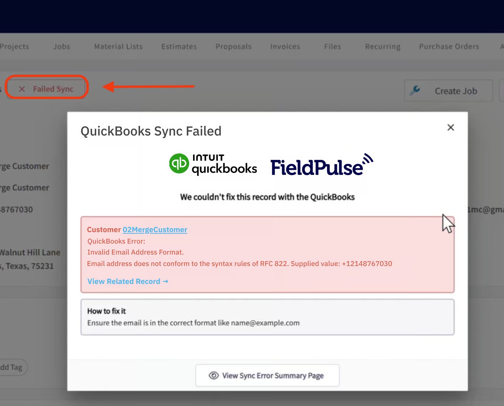 Failed Sync button opening the QuickBooks Sync Failed dialog with the error and its fix