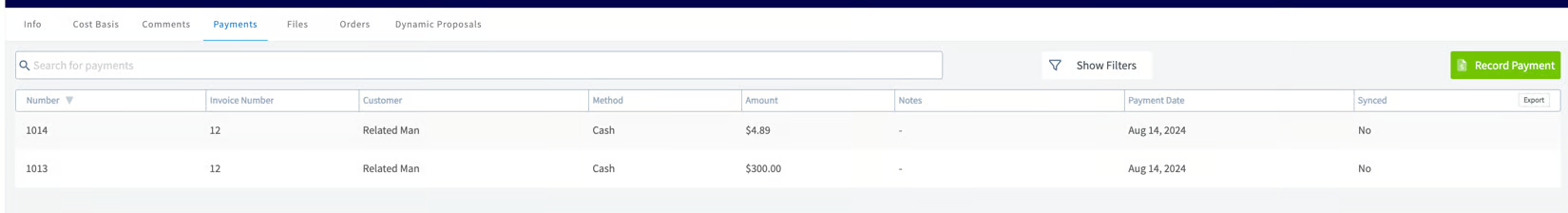 FieldPulse Payments tab listing two cash payments recorded against invoice 12