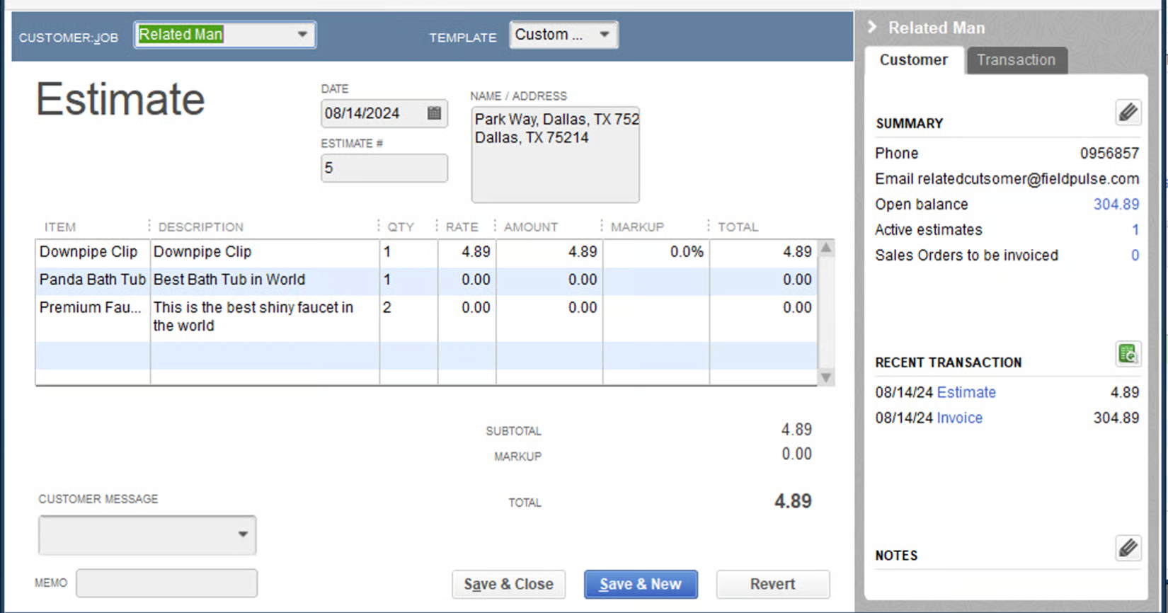 QuickBooks Desktop Estimate window with the same three line items and 4.89 total