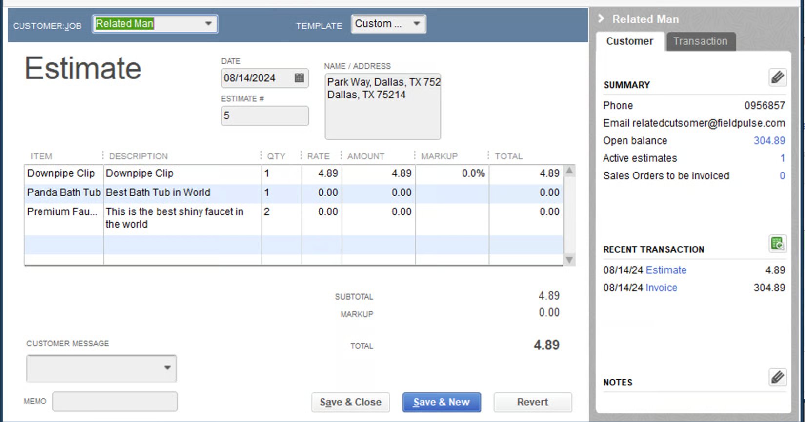 QuickBooks Desktop Estimate window with the same three line items and 4.89 total