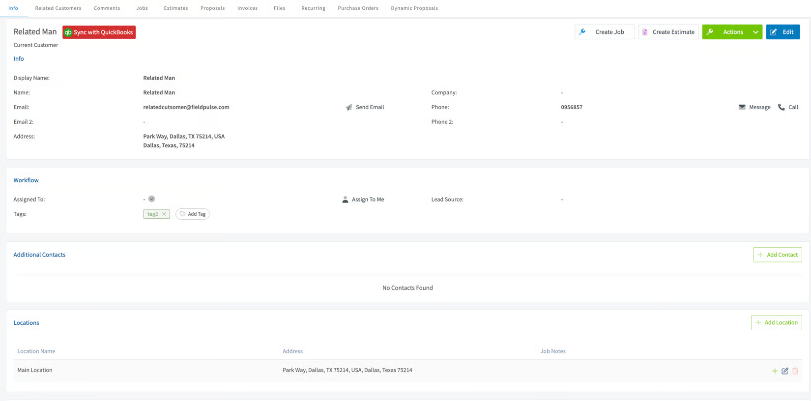 FieldPulse customer record showing the synced address and its Main Location entry