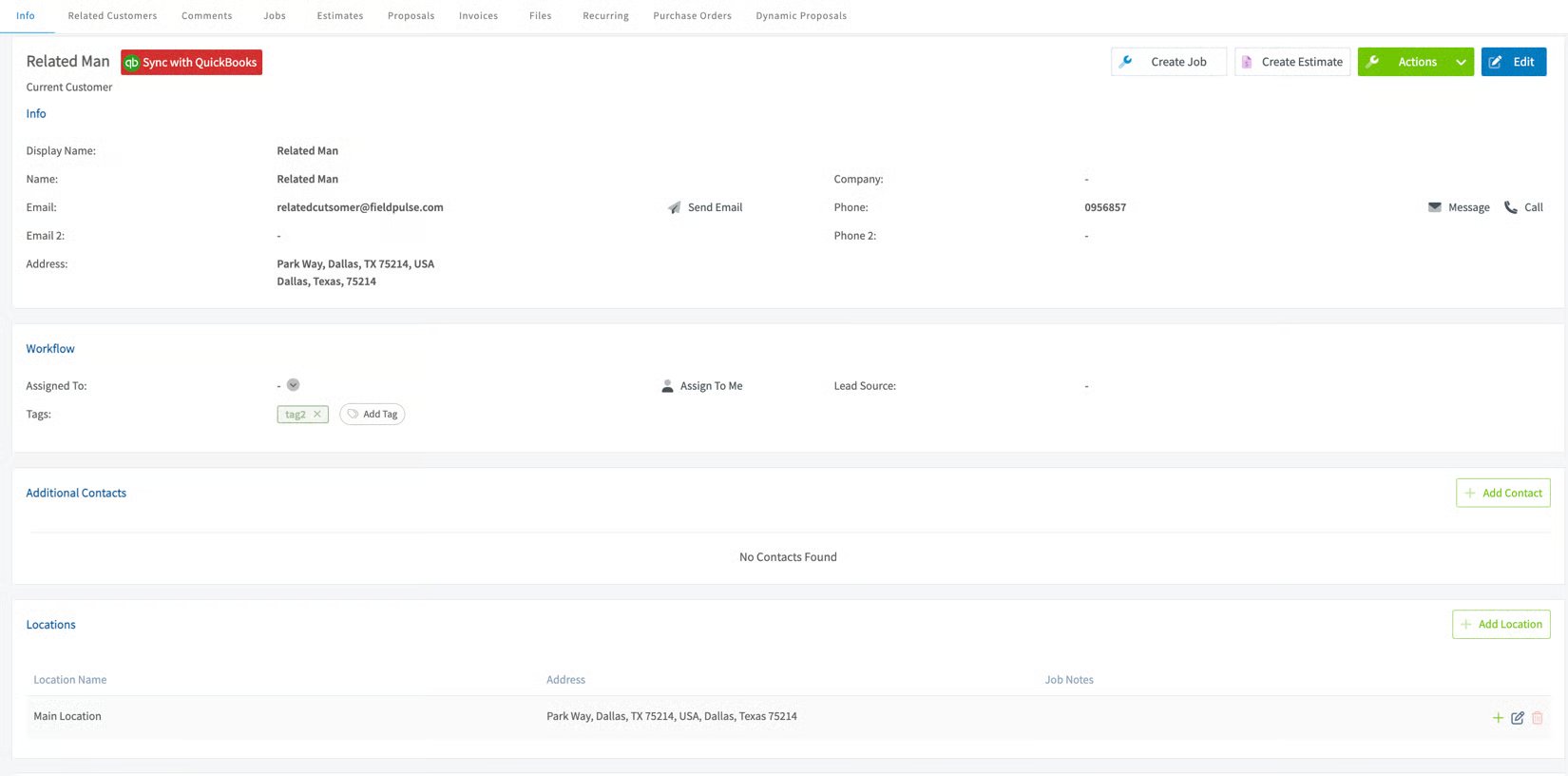 FieldPulse customer record showing the synced address and its Main Location entry