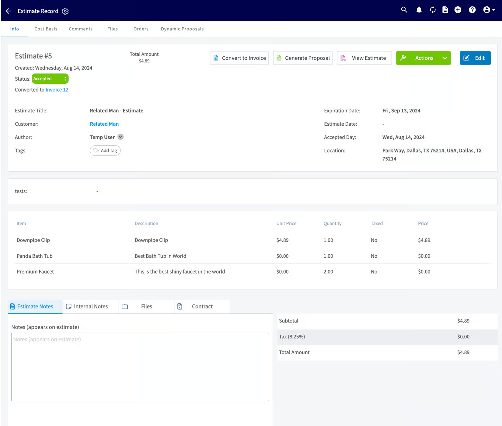 FieldPulse Estimate #5 record with line items, totals and Accepted status