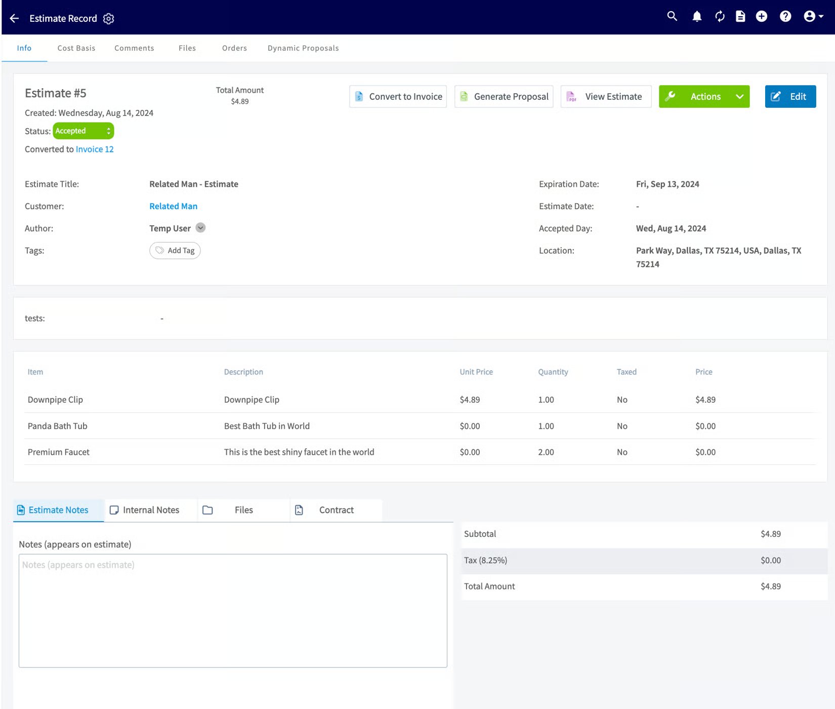 FieldPulse Estimate #5 record with line items, totals and Accepted status