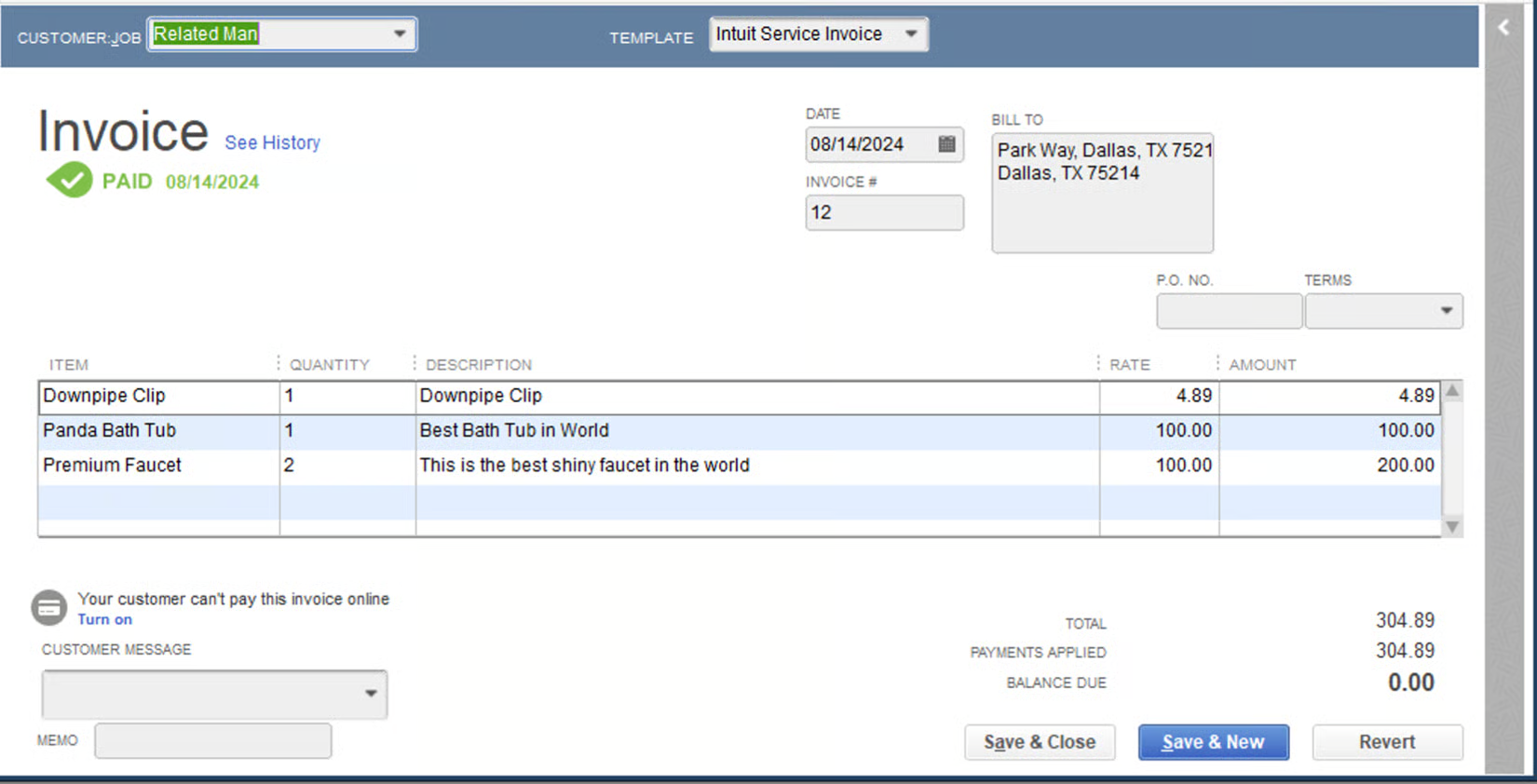 QuickBooks Desktop Invoice form stamped PAID with the synced line items