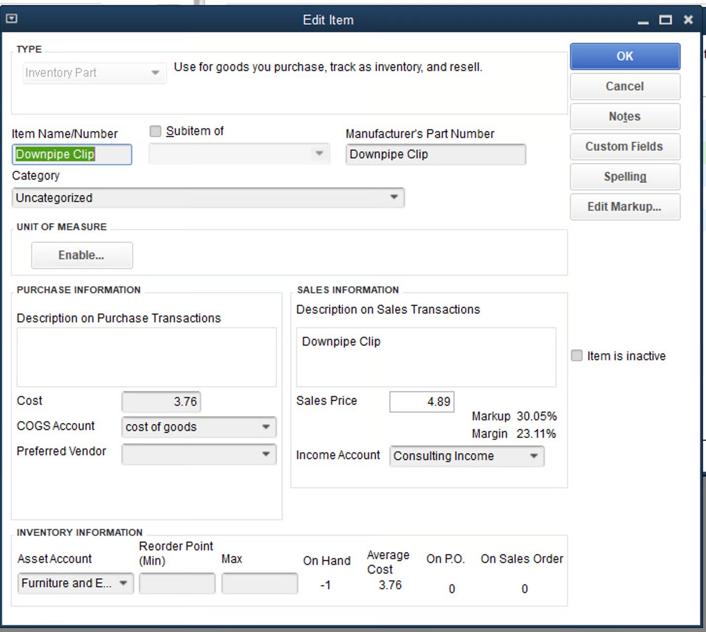 QuickBooks Desktop Edit Item window for the Downpipe Clip inventory part