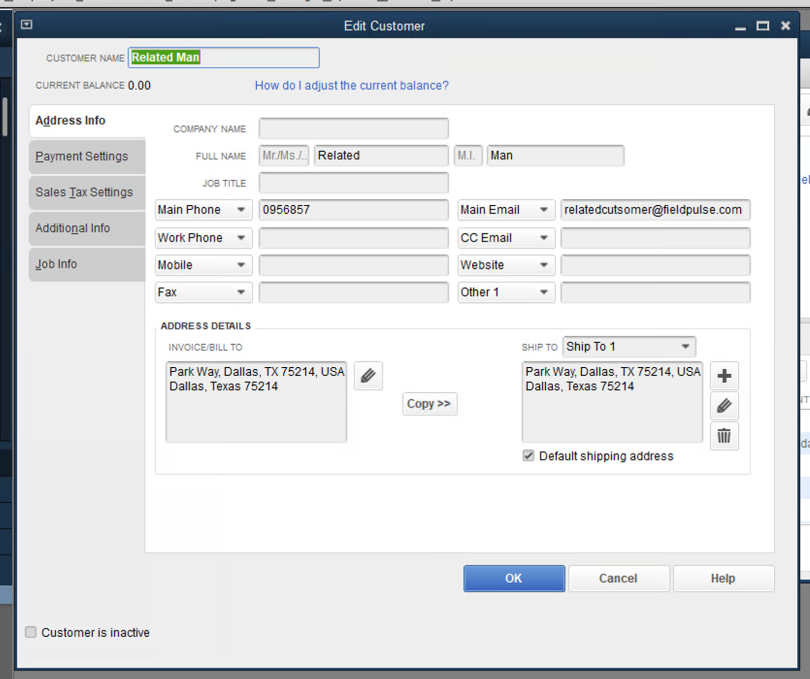 QuickBooks Desktop Edit Customer window with Invoice/Bill To and Ship To address details