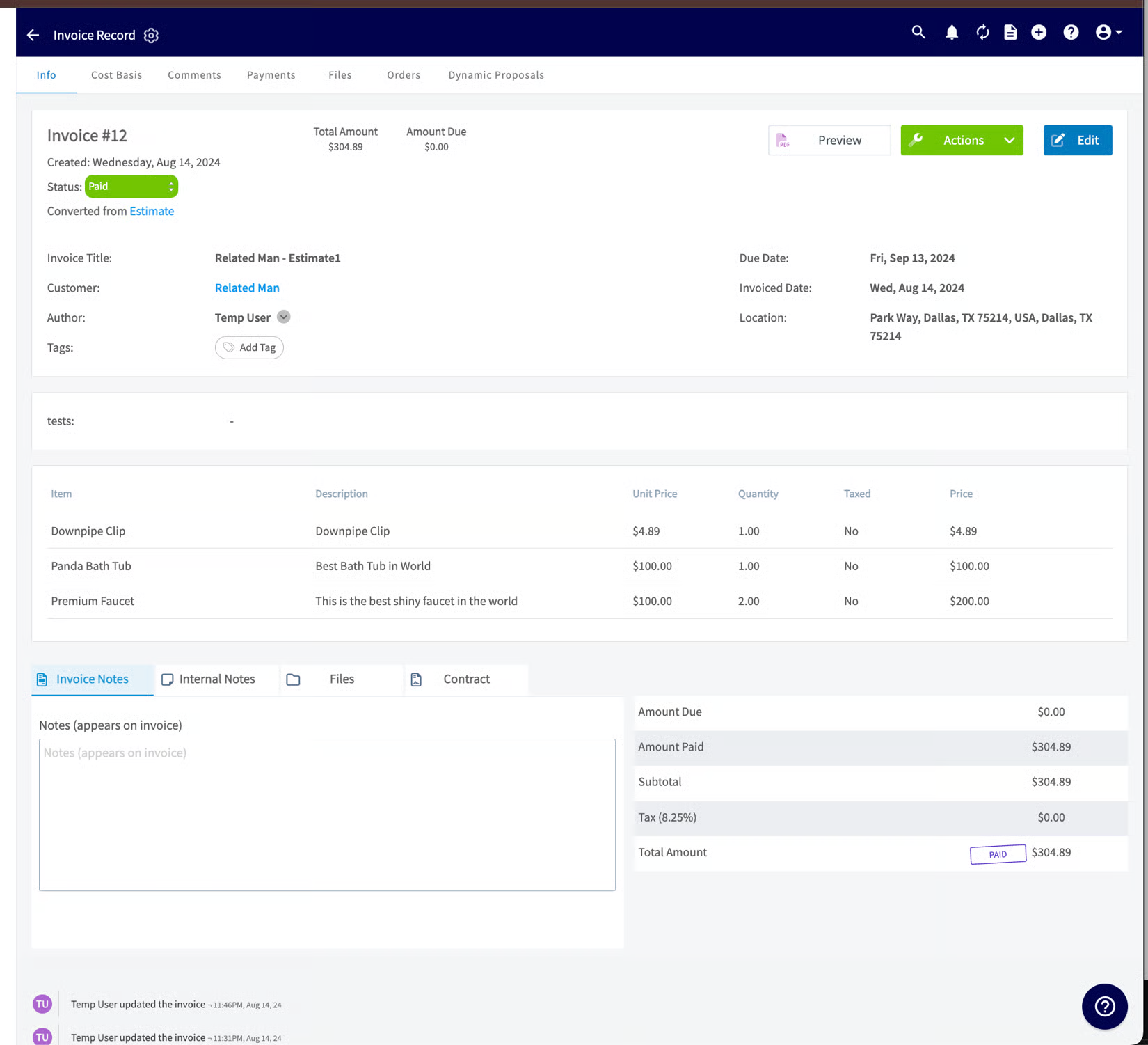 FieldPulse Invoice #12 marked Paid with line items and amount paid