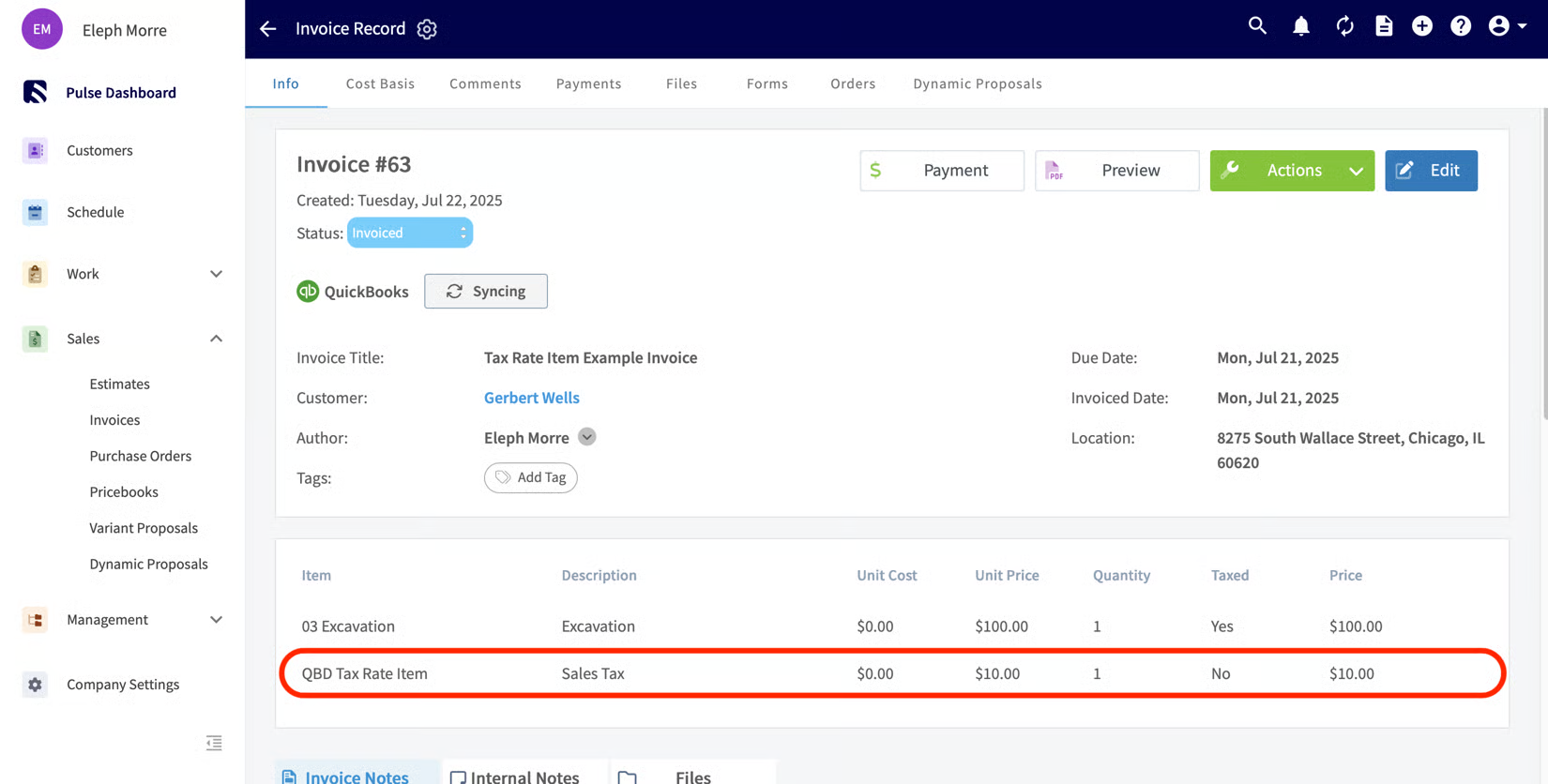 FieldPulse invoice with a QBD Tax Rate Item arriving as a Sales Tax line item