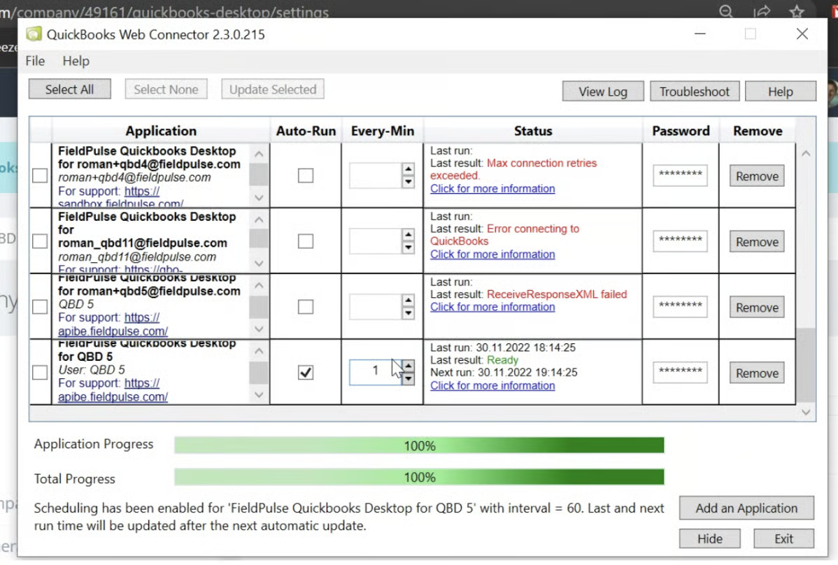 QuickBooks Web Connector with Auto-Run checked and the interval set to 1 minute