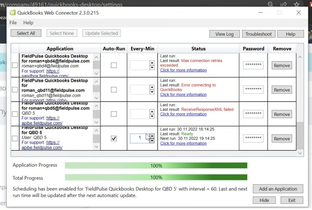 QuickBooks Web Connector with Auto-Run checked and the interval set to 1 minute
