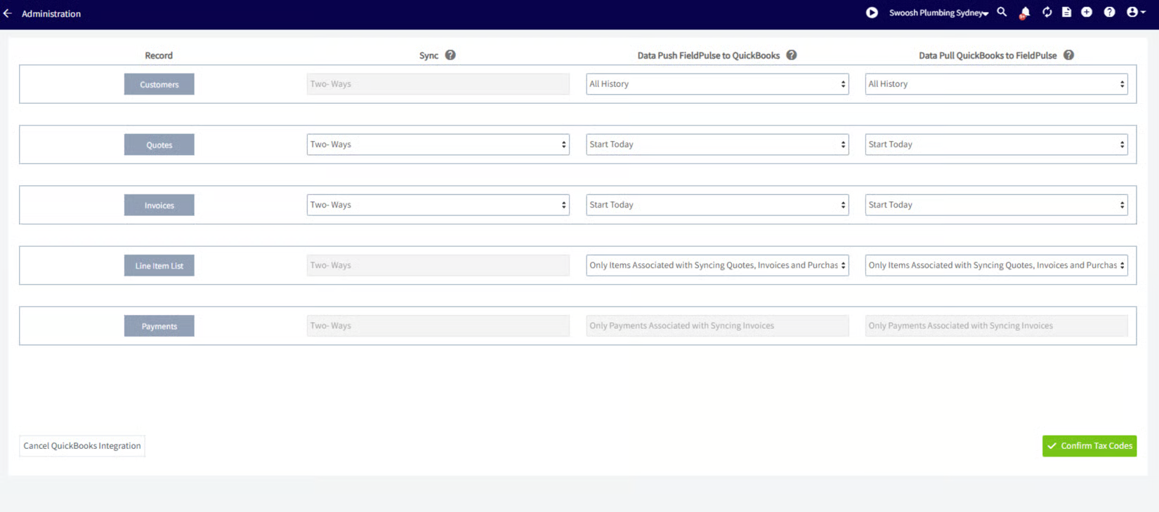 Sync setup table choosing sync direction and data push and pull ranges per record type