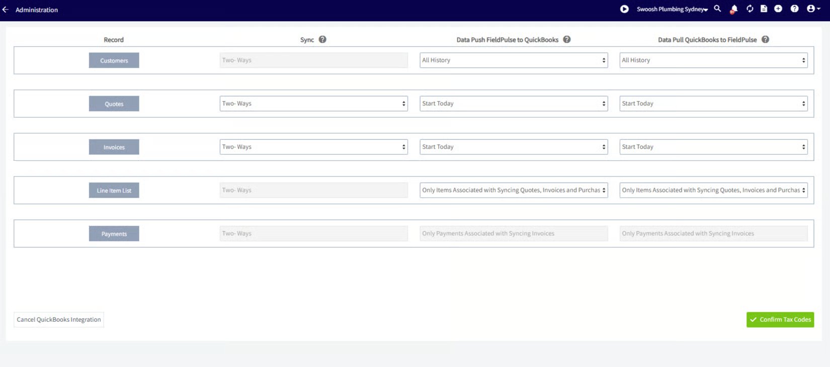 Sync setup table choosing sync direction and data push and pull ranges per record type