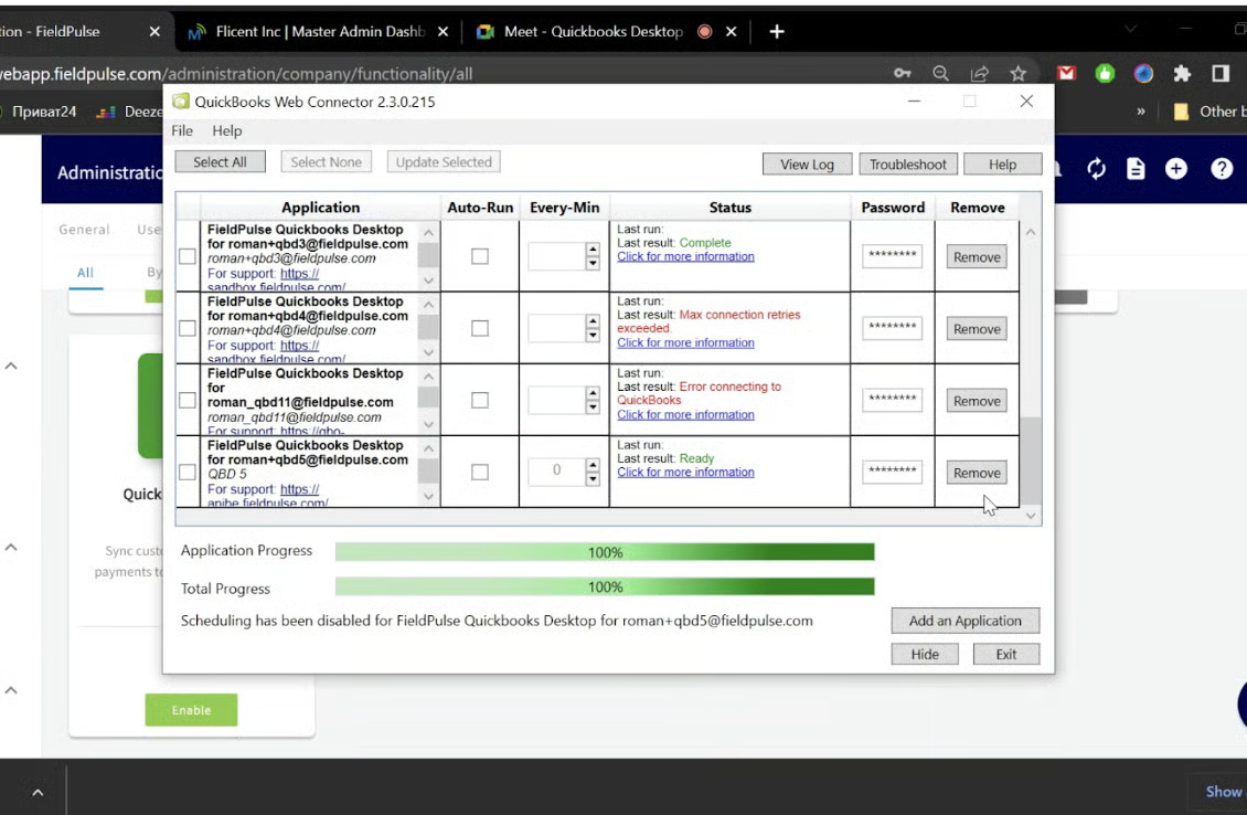 QuickBooks Web Connector window with the Add an Application button