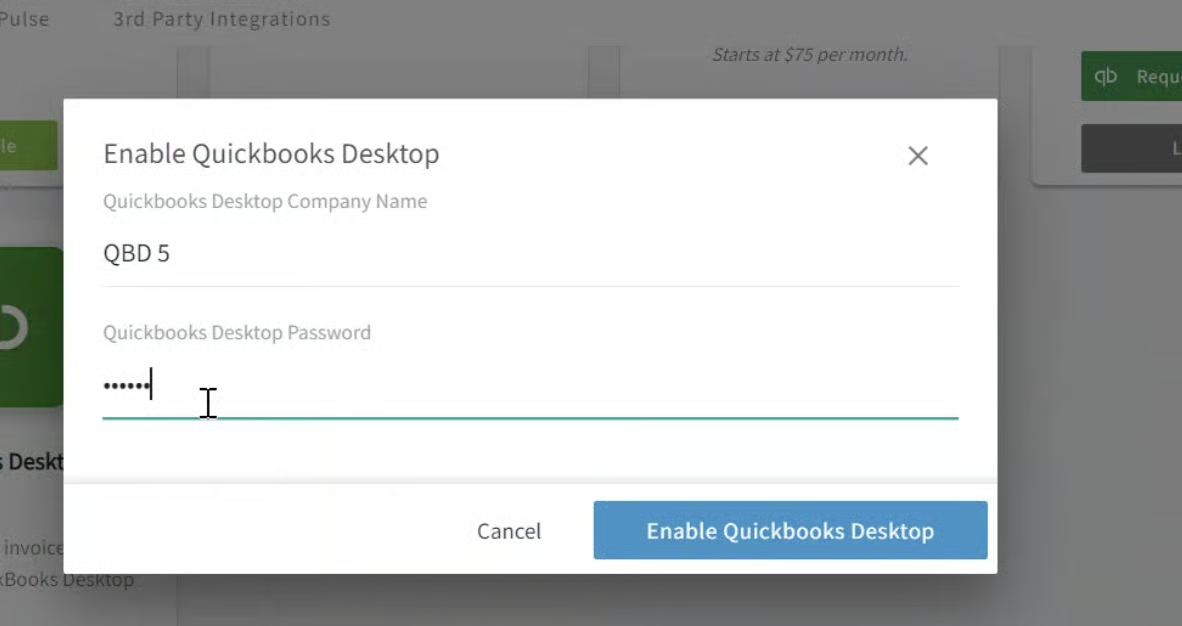Enable Quickbooks Desktop dialog with company name and password fields