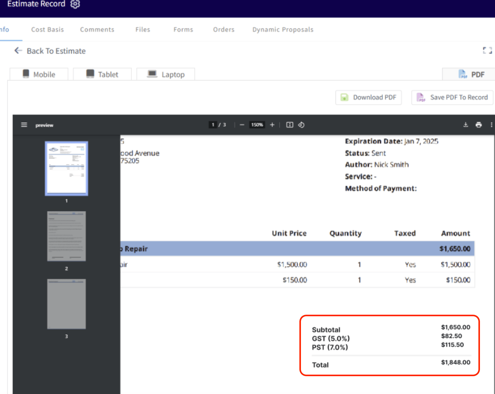 FieldPulse invoice PDF showing Canadian dual tax rates