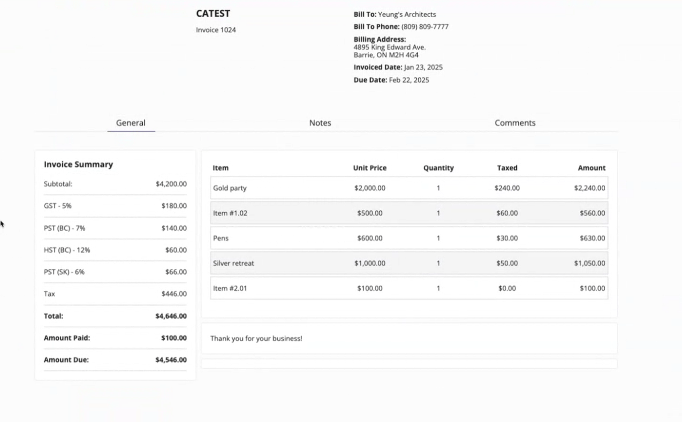 FieldPulse dynamic invoice showing Canadian dual tax rates