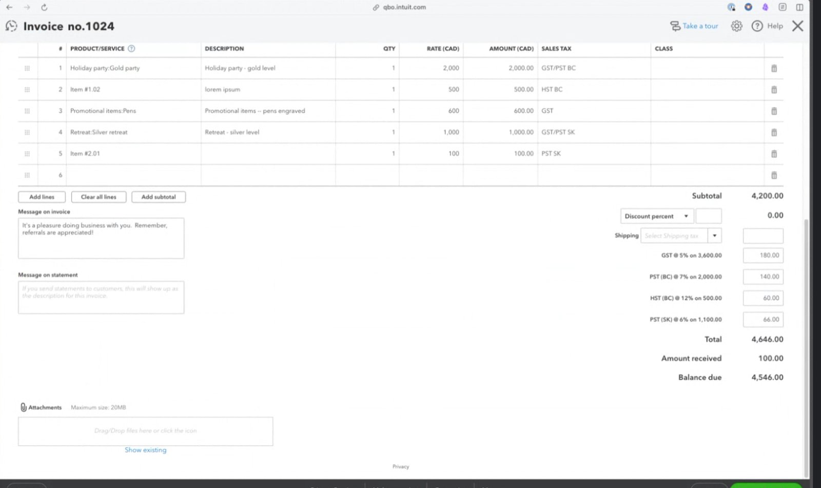 QuickBooks Online invoice showing the synced Canadian dual tax rates