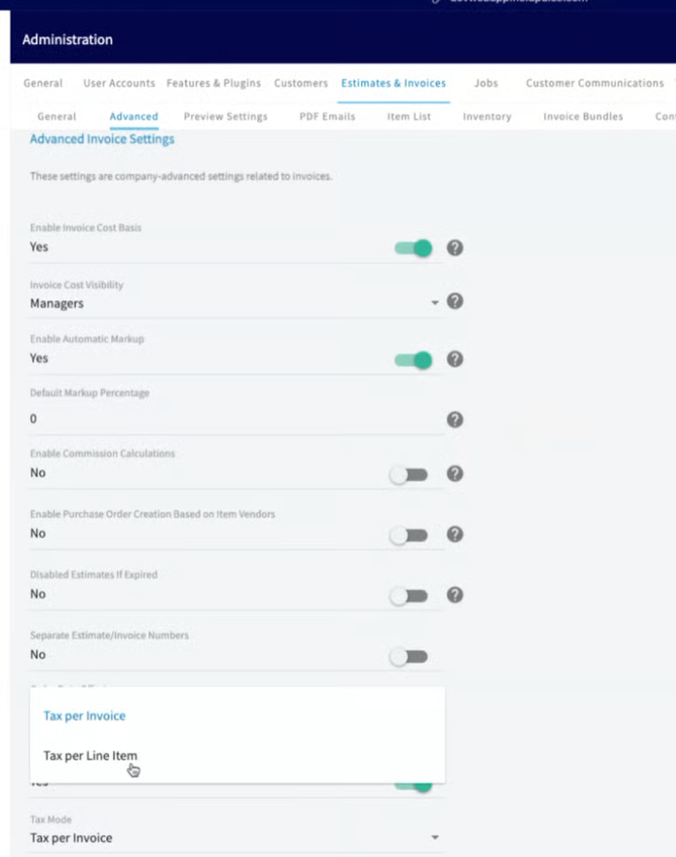Advanced Invoice Settings with the Tax Mode dropdown open on Tax per Line Item