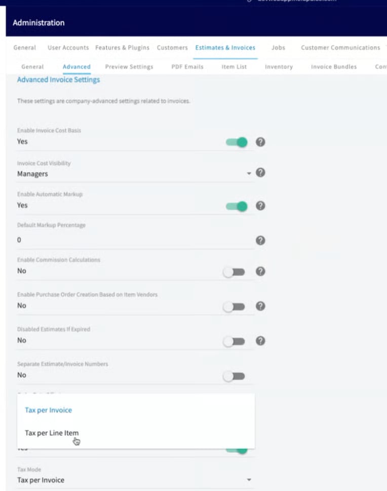 Advanced Invoice Settings with the Tax Mode dropdown open on Tax per Line Item