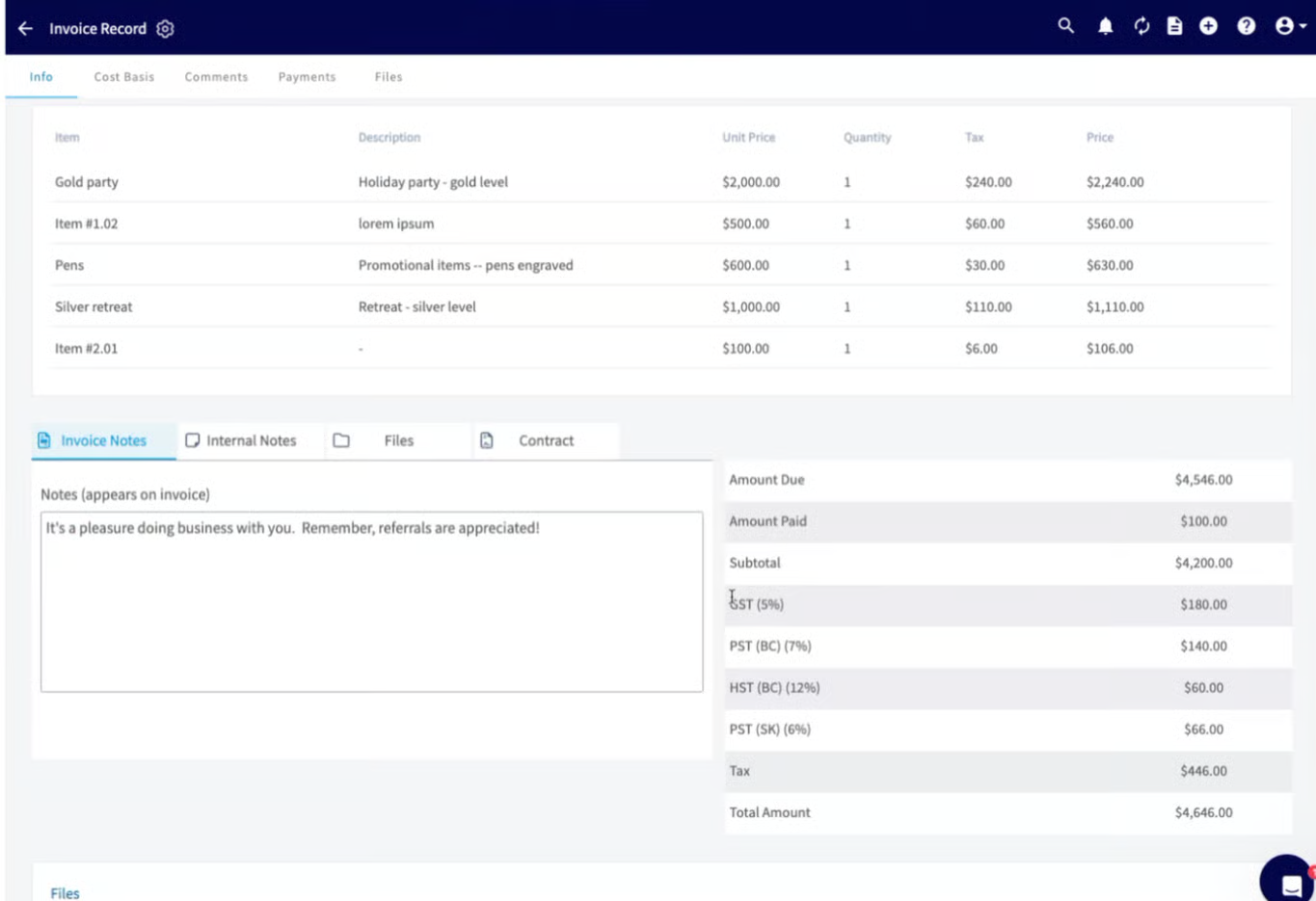 FieldPulse invoice record showing separate GST, PST, and HST tax lines