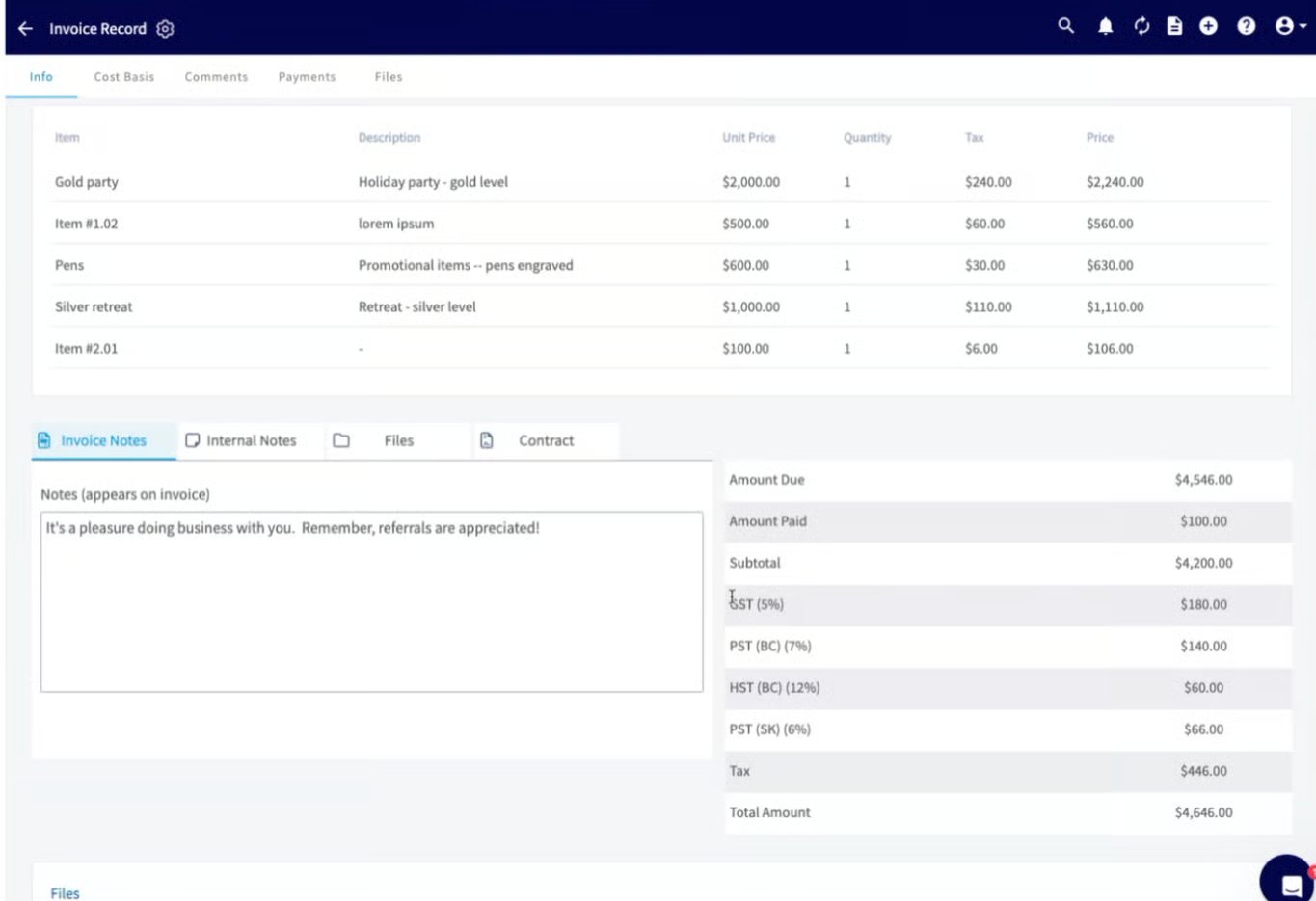 FieldPulse invoice record showing separate GST, PST, and HST tax lines