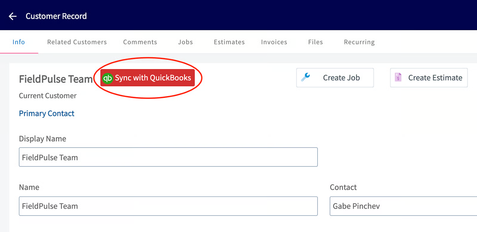 FieldPulse customer record with the Sync with QuickBooks button highlighted