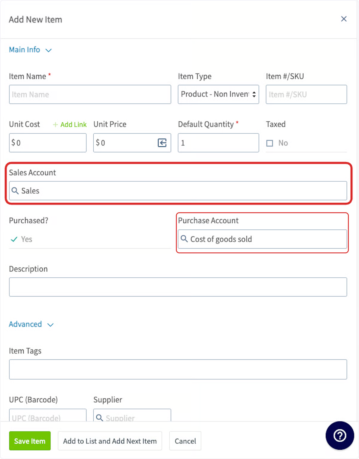 FieldPulse Add New Item dialog with the Sales Account and Purchase Account fields highlighted