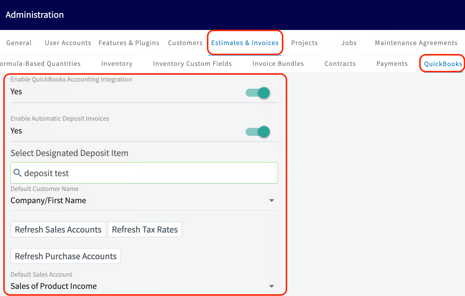 Estimates & Invoices QuickBooks subtab showing the integration toggles and default accounts