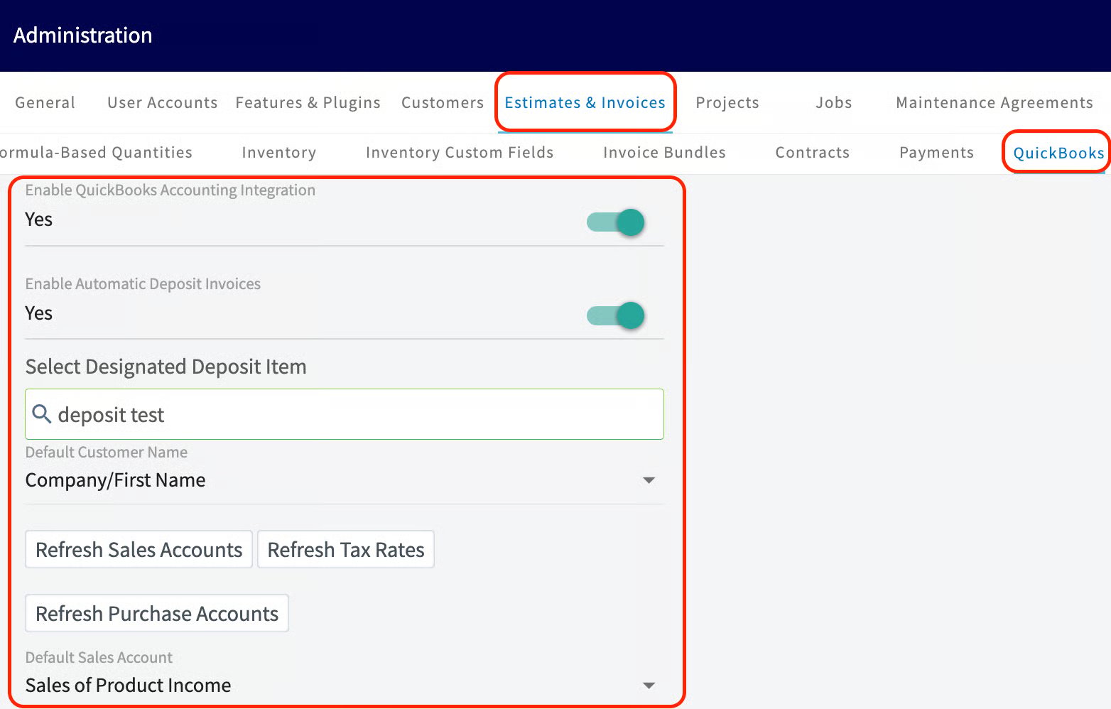 Estimates & Invoices QuickBooks subtab showing the integration toggles and default accounts