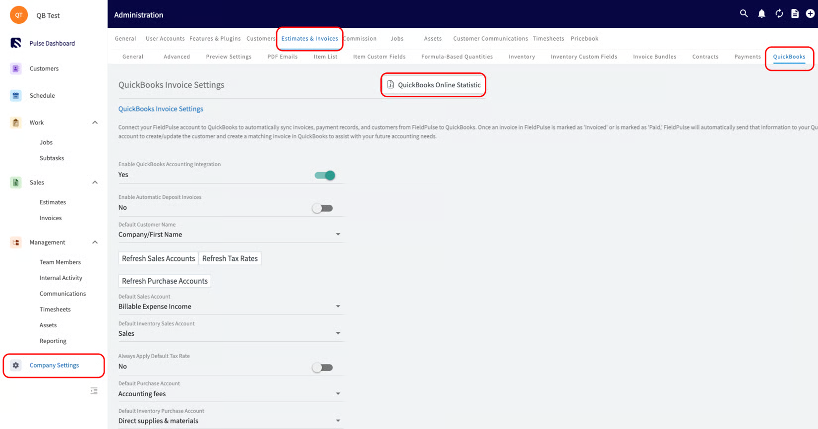 QuickBooks Invoice Settings page with the QuickBooks Online Statistic button highlighted