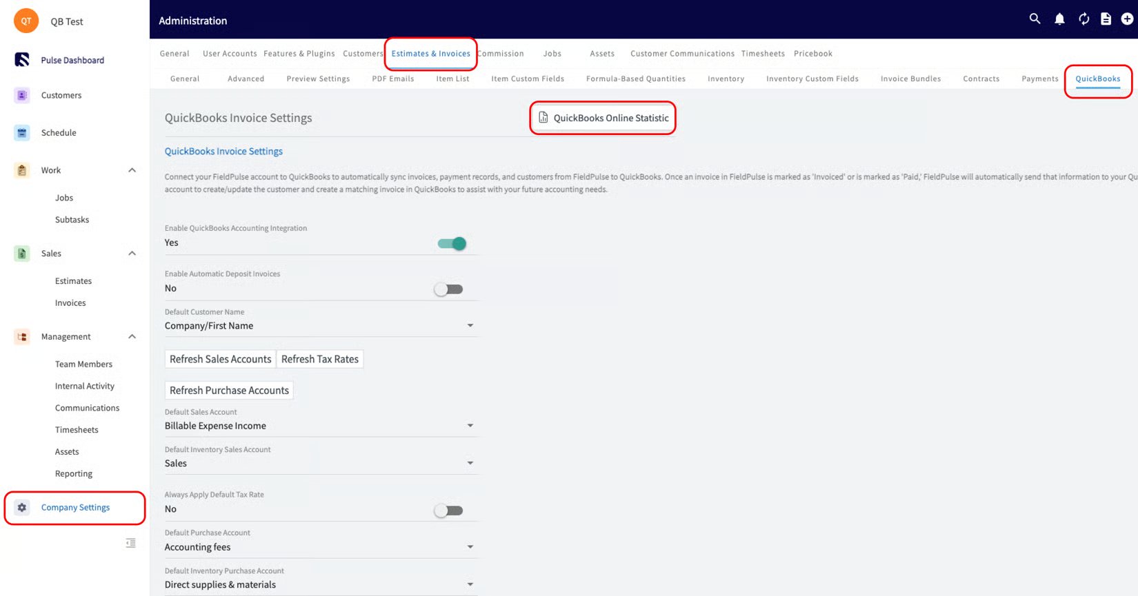 QuickBooks Invoice Settings page with the QuickBooks Online Statistic button highlighted