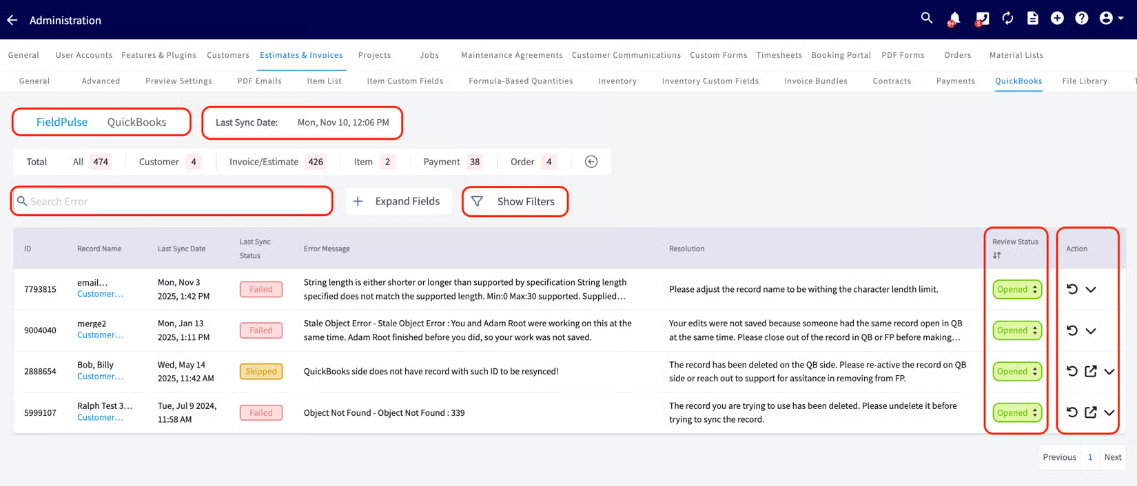 QuickBooks Online Statistic page listing failed records with error messages and Review Status