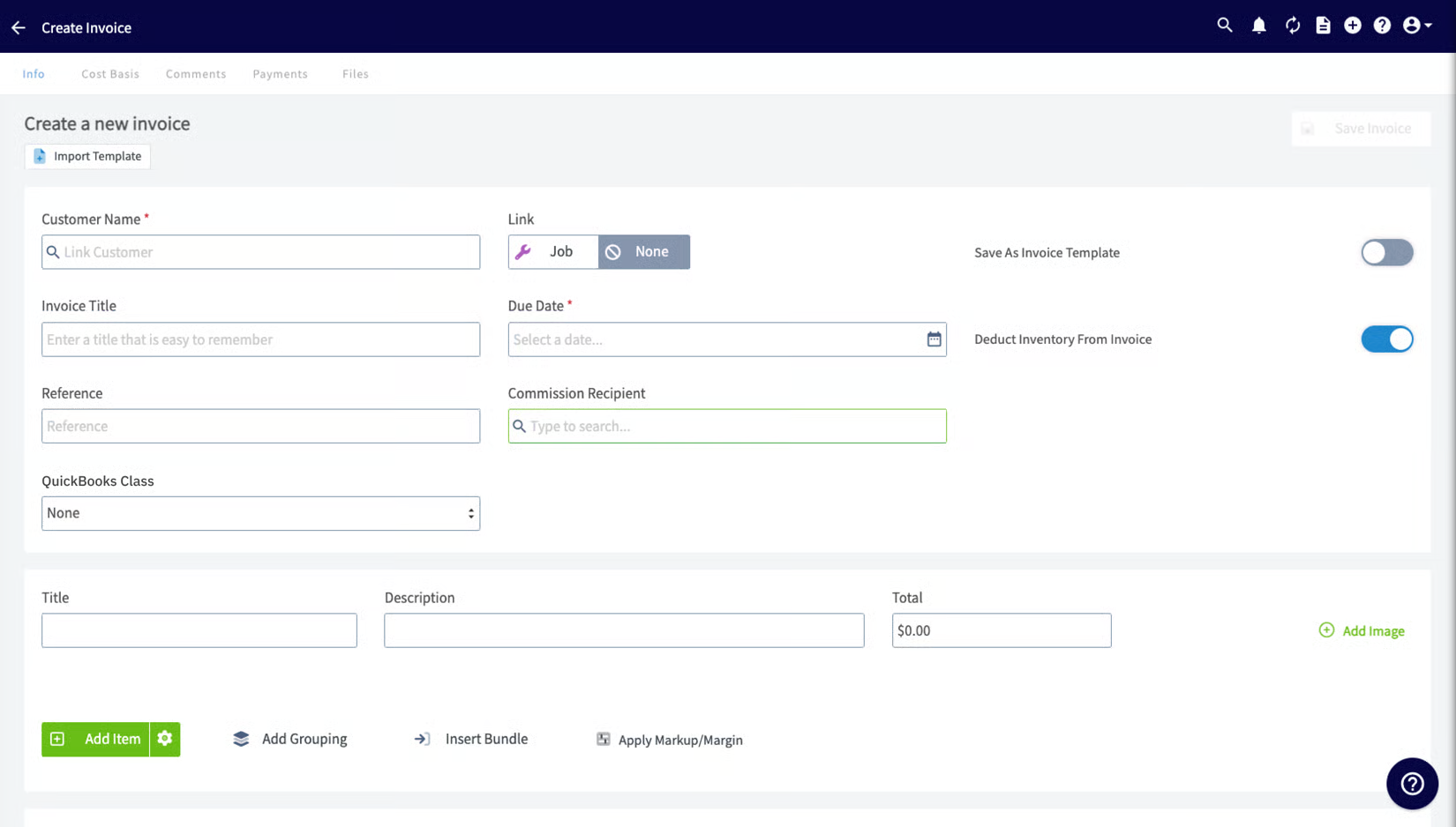FieldPulse Create a new invoice screen showing the QuickBooks Class dropdown