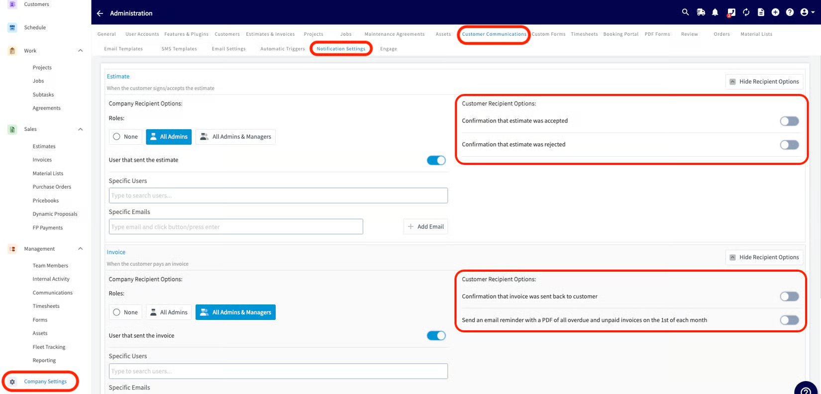 FieldPulse Customer Communications Notification Settings with estimate and invoice recipient toggles