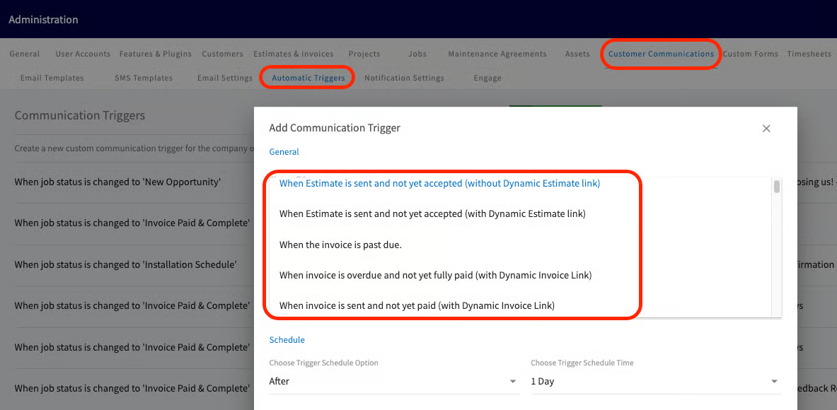 Add Communication Trigger dialog listing estimate and invoice triggers under Automatic Triggers
