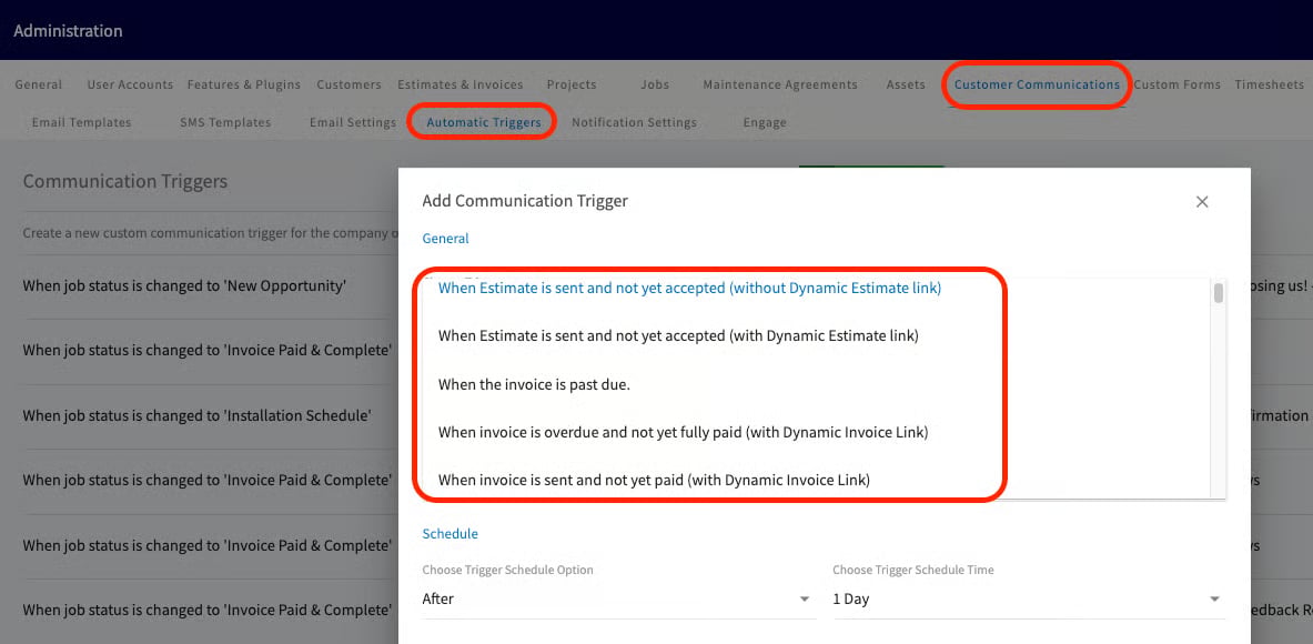 Add Communication Trigger dialog listing estimate and invoice triggers under Automatic Triggers