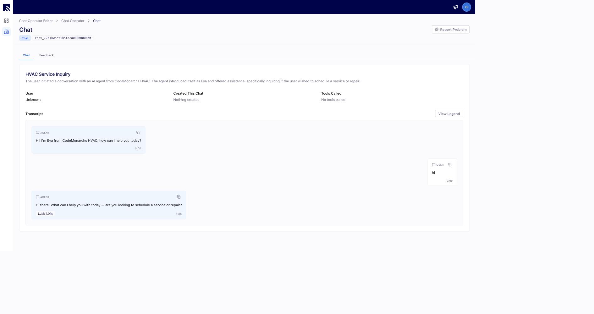 Chat AI conversation detail showing the summary, what was created with a link to the booked customer or job, the tools the operator used, and the full transcript