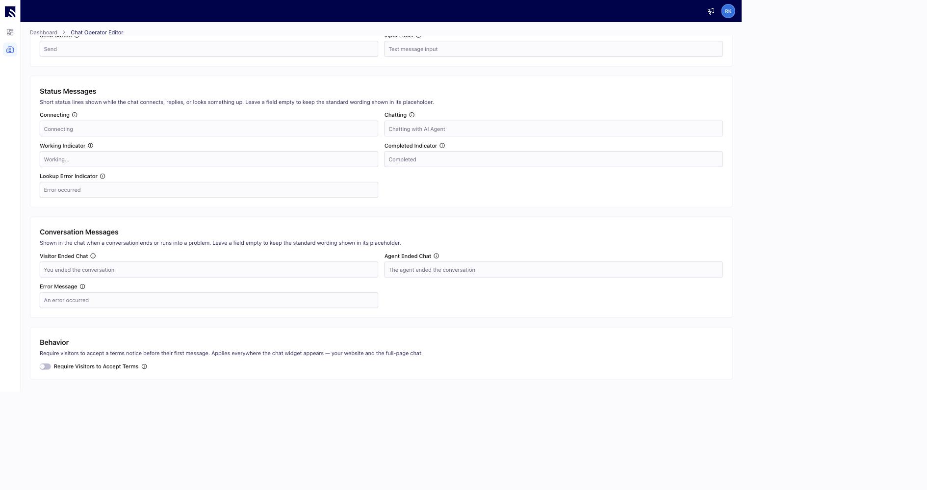 Chat editor Behavior section with the toggle to require visitors to accept a terms notice before their first message