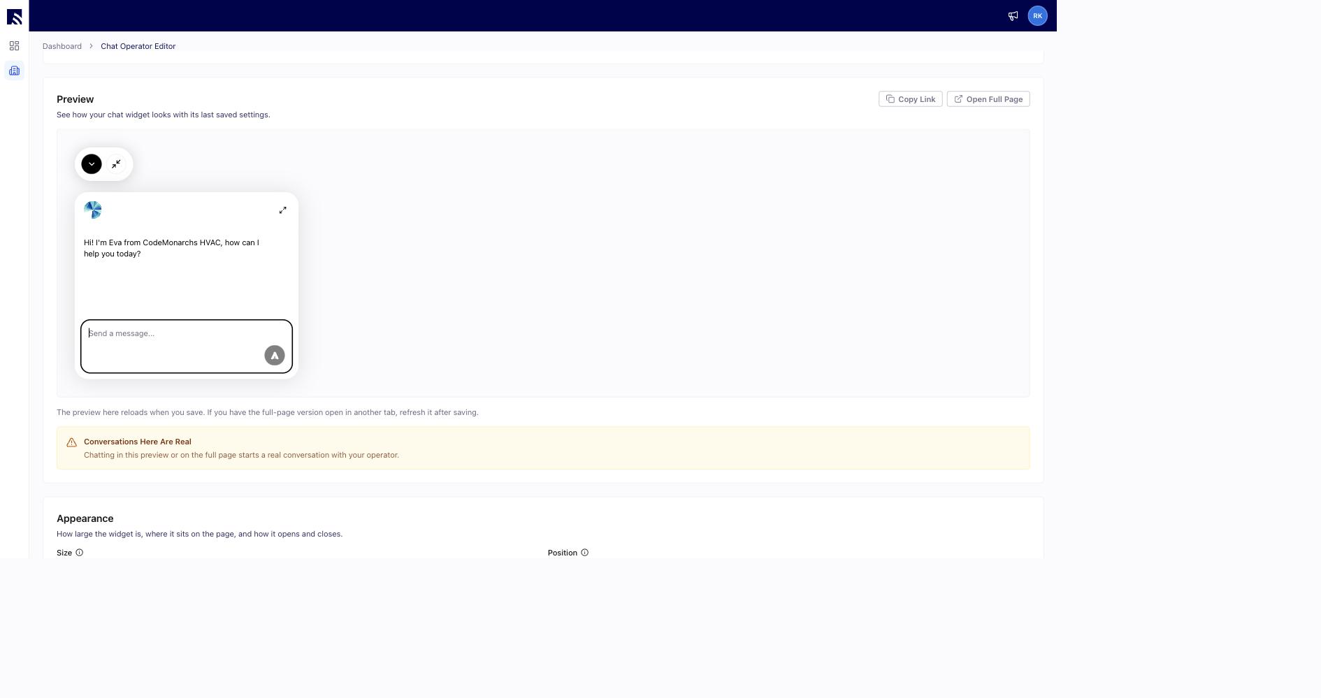 Chat editor Preview with the branded chat widget open, showing the greeting and message input