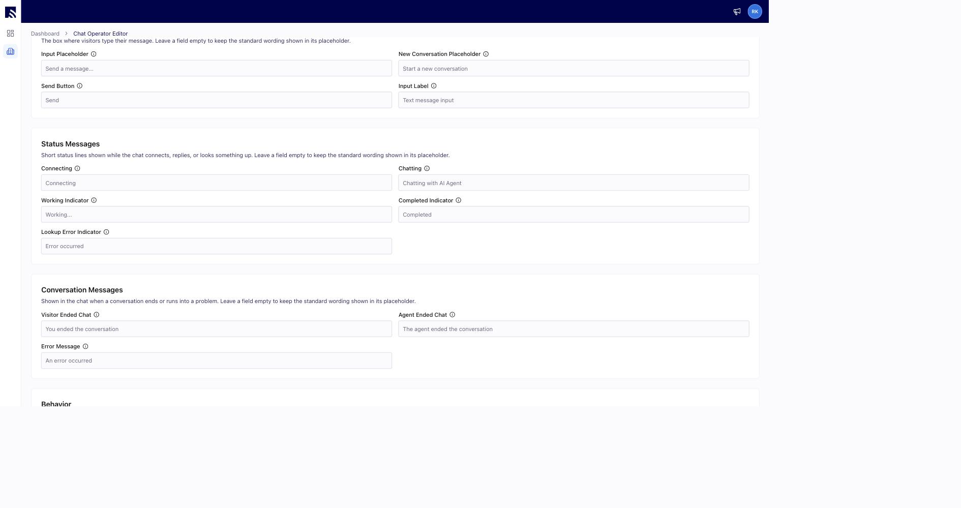 Chat editor text customization fields for the launcher and panel text, message input placeholder, and status messages