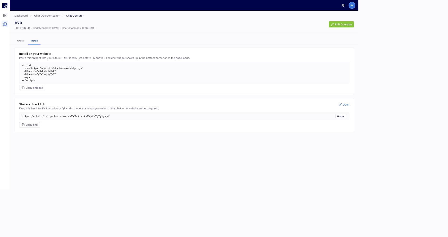 Chat AI Install tab showing the website embed snippet to paste before the closing body tag and the shareable full-page direct link