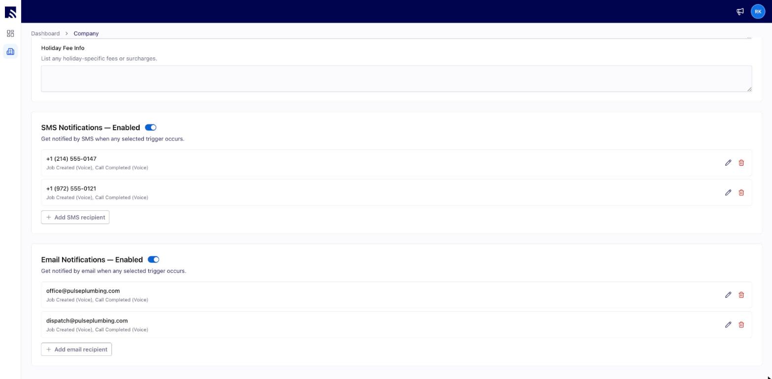 SMS Notifications and Email Notifications recipient lists with trigger checkboxes such as Job Created and Call Completed