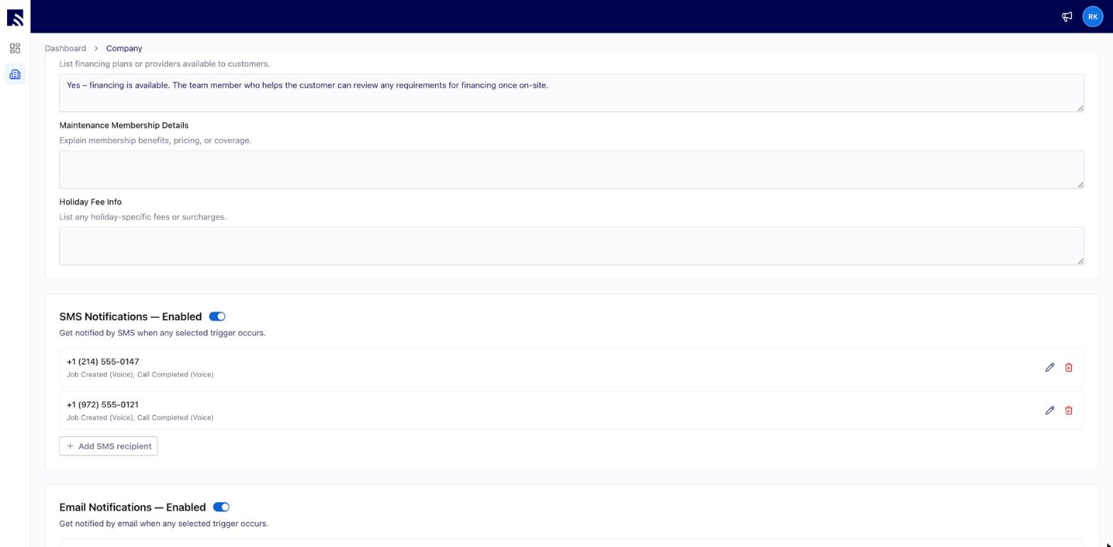 Pricing & Offers section with Warranty Info, Financing Options, Maintenance Membership Details, and Holiday Fee Info fields alongside SMS settings