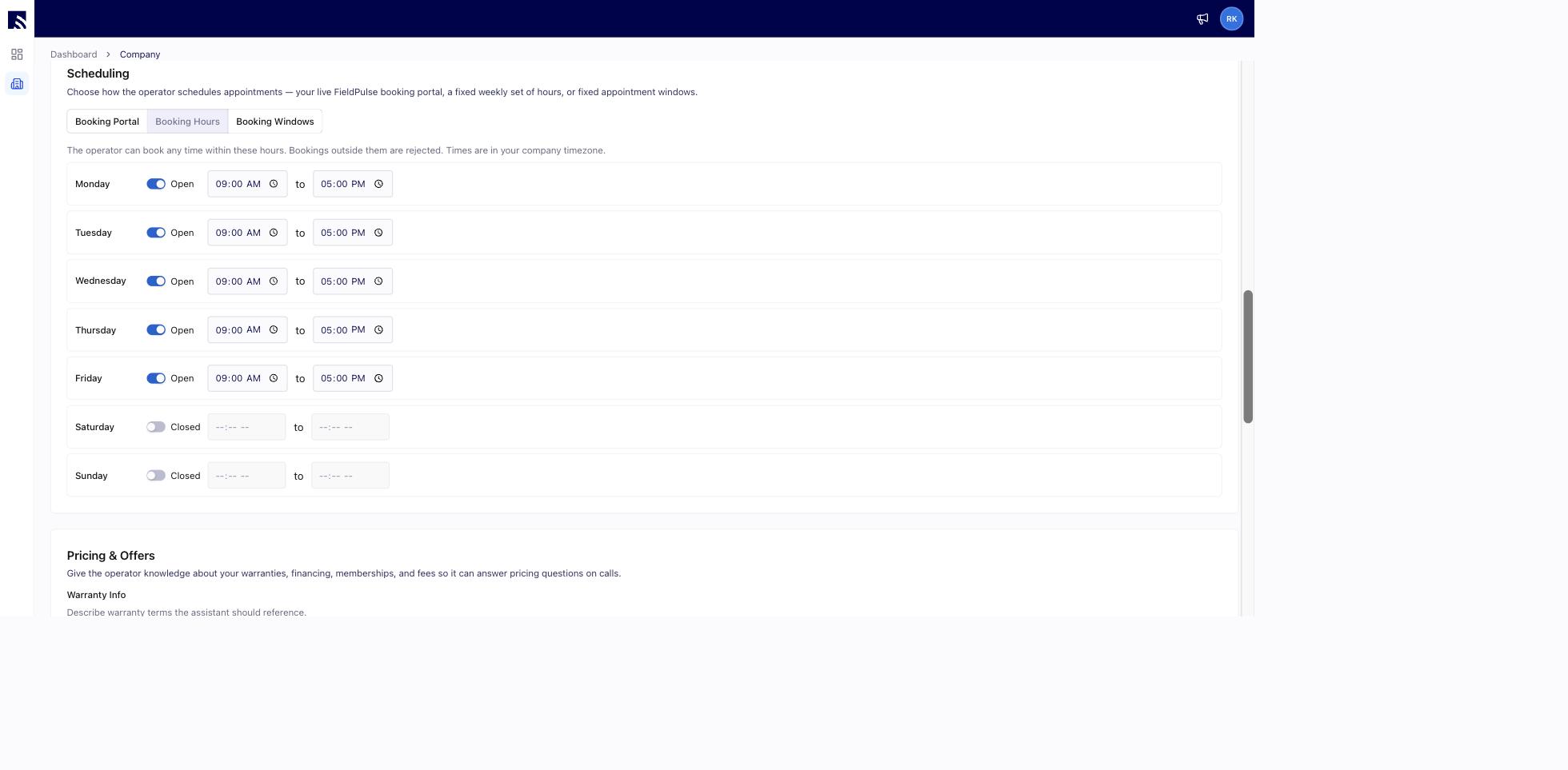 Scheduling section of Company Configuration with the Booking Portal, Booking Hours, and Booking Windows modes and weekly open and close booking hours
