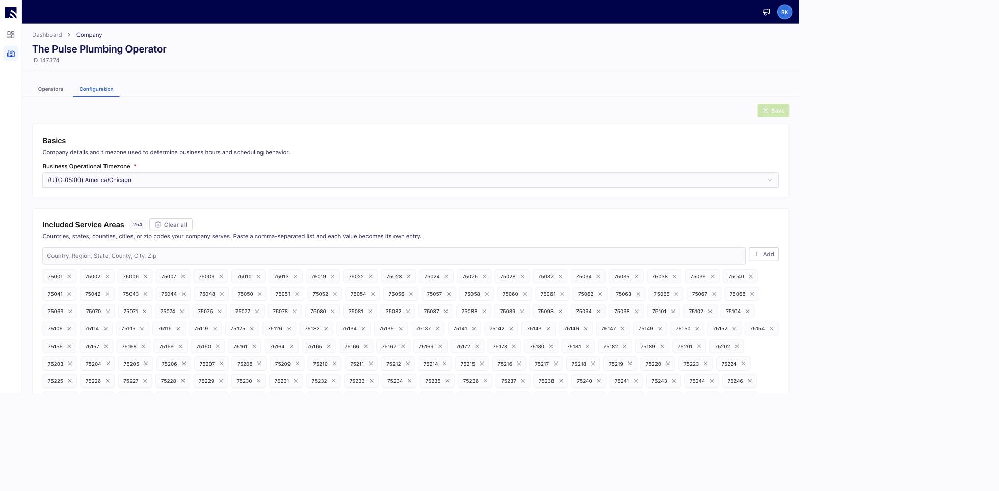 My Company Configuration tab showing the Business Operational Timezone selector and the Included and Excluded Service Areas fields