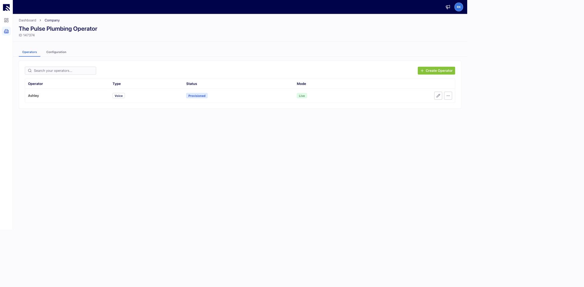 My Company Operators tab listing the account's voice and chat operators with edit icons