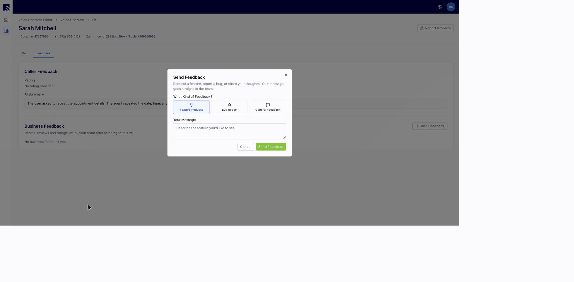 Send Feedback modal opened from the megaphone icon for submitting feature requests, bug reports, and general feedback to the FieldPulse team